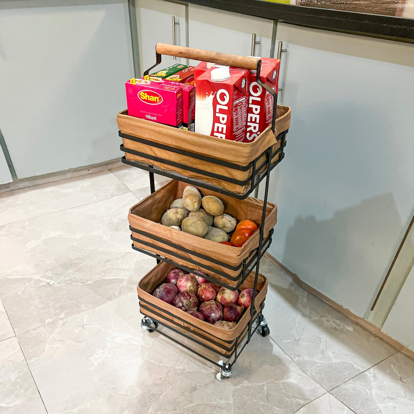 3-Tier Metal Rolling Storage Cart with Fabric Baskets