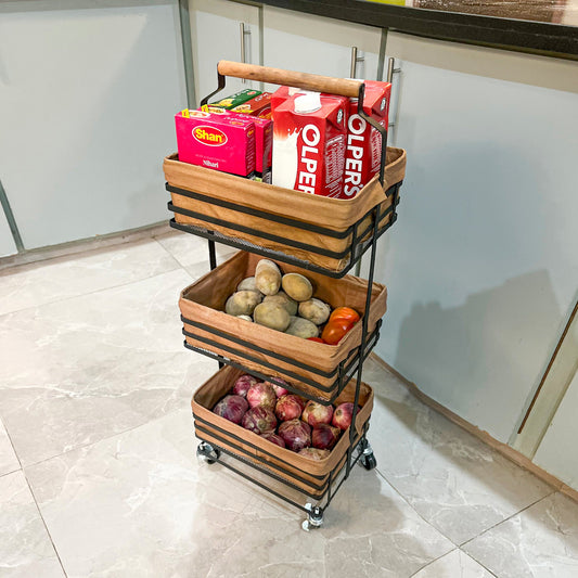 3-Tier Metal Rolling Storage Cart with Fabric Baskets