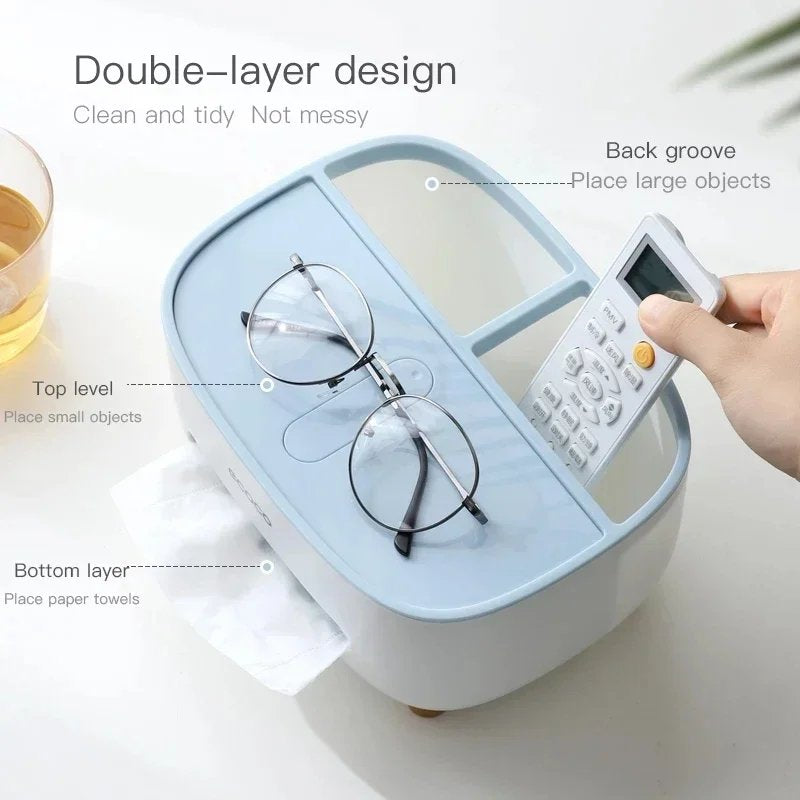 Multipurpose Desktop Tissue Box Organizer with Storage Tray