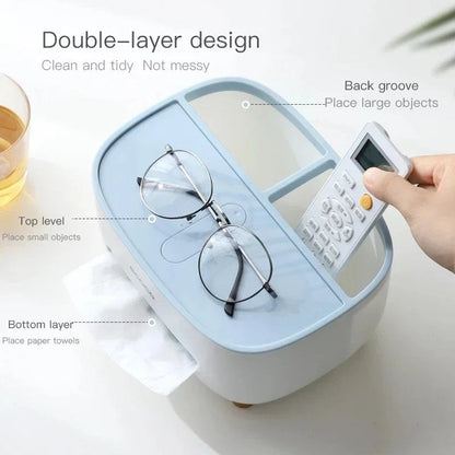 Multipurpose Desktop Tissue Box Organizer with Storage Tray