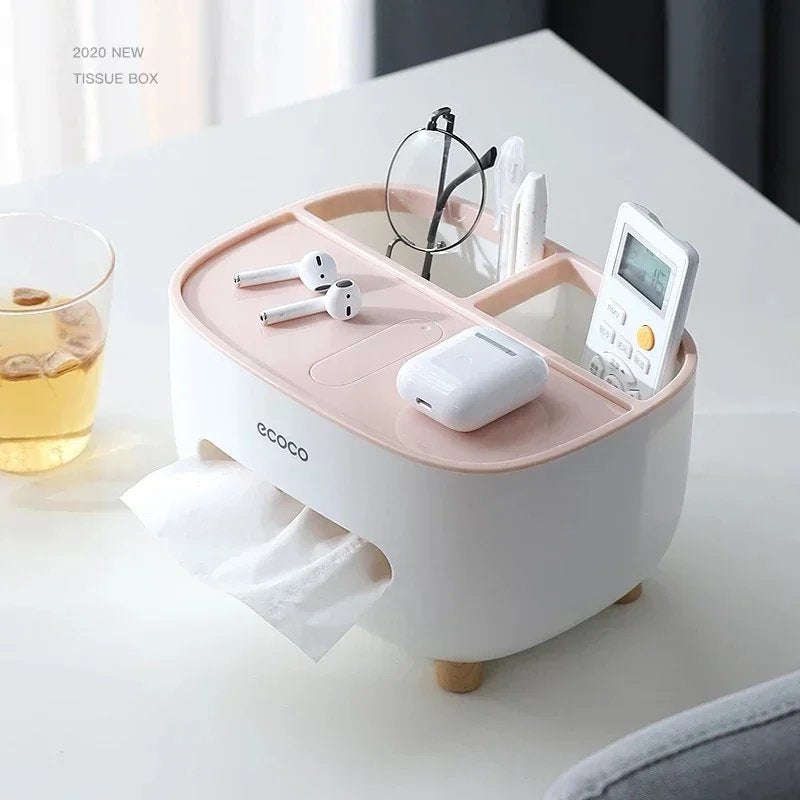Multipurpose Desktop Tissue Box Organizer with Storage Tray