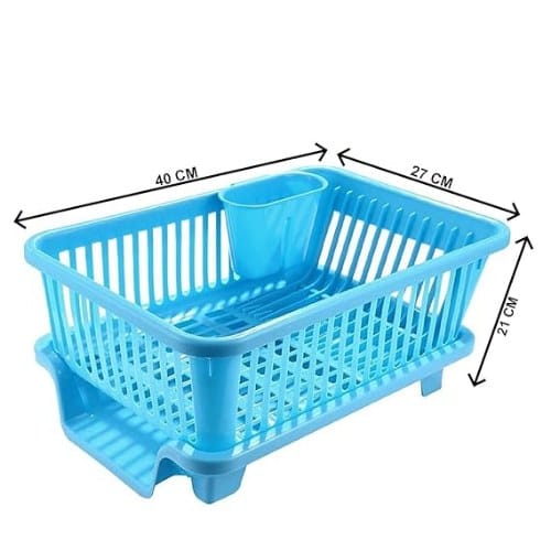 Blue plastic dish rack with dimensions indicated on a white background