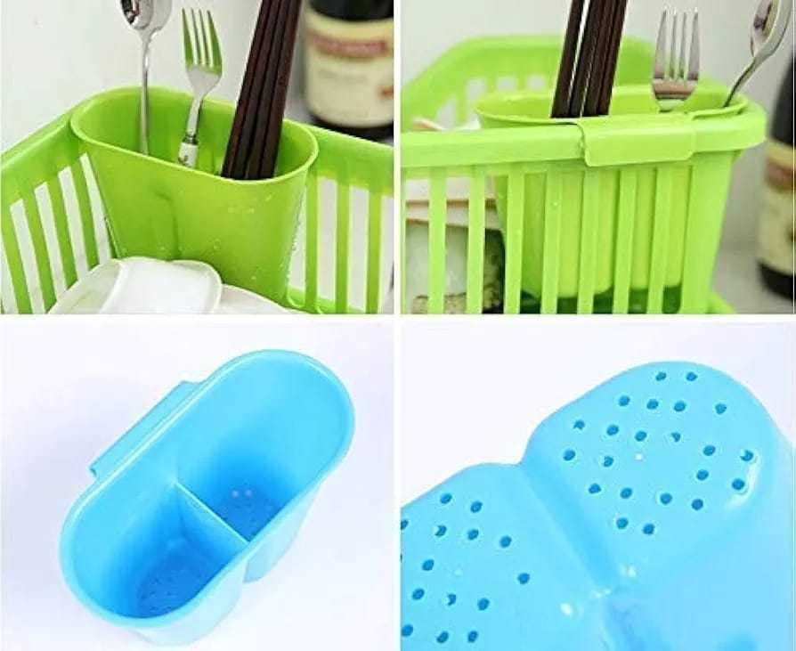 Green and blue kitchen utensil holder with cutlery on a white background