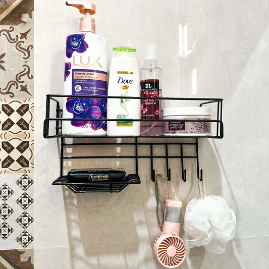 Wall-Mounted Bathroom Shelf with Hooks and Soap Dish
