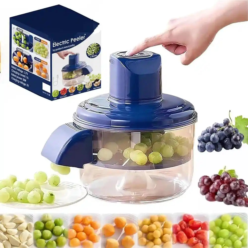 Electric peeler with grapes and packaging on a white background