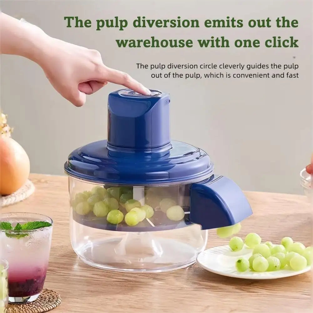 Blue kitchen Smart Electric Fruit & Vegetable Peeler with grapes on a wooden table, promoting pulp diversion feature.