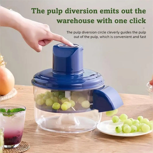 Blue kitchen Smart Electric Fruit & Vegetable Peeler with grapes on a wooden table, promoting pulp diversion feature.