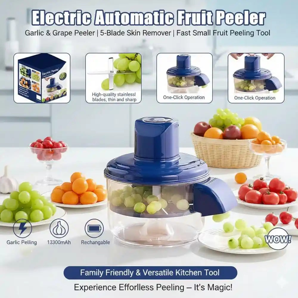 Electric automatic fruit peeler with features and uses displayed on a white background