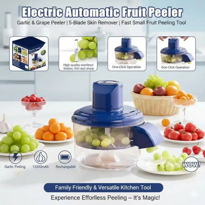 Electric automatic fruit peeler with features and uses displayed on a white background