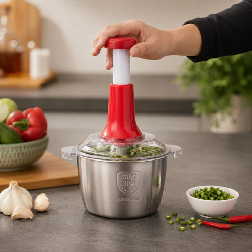 Hand Pressure Vegetable Chopper with Stainless Steel Bowl