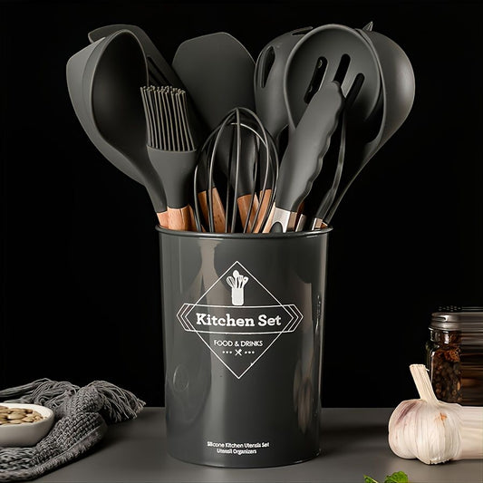 12-Piece Silicone Kitchen Utensil Set with Wooden Handles