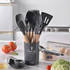 12-Piece Silicone Kitchen Utensil Set with Wooden Handles