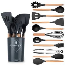 12-Piece Silicone Kitchen Utensil Set with Wooden Handles